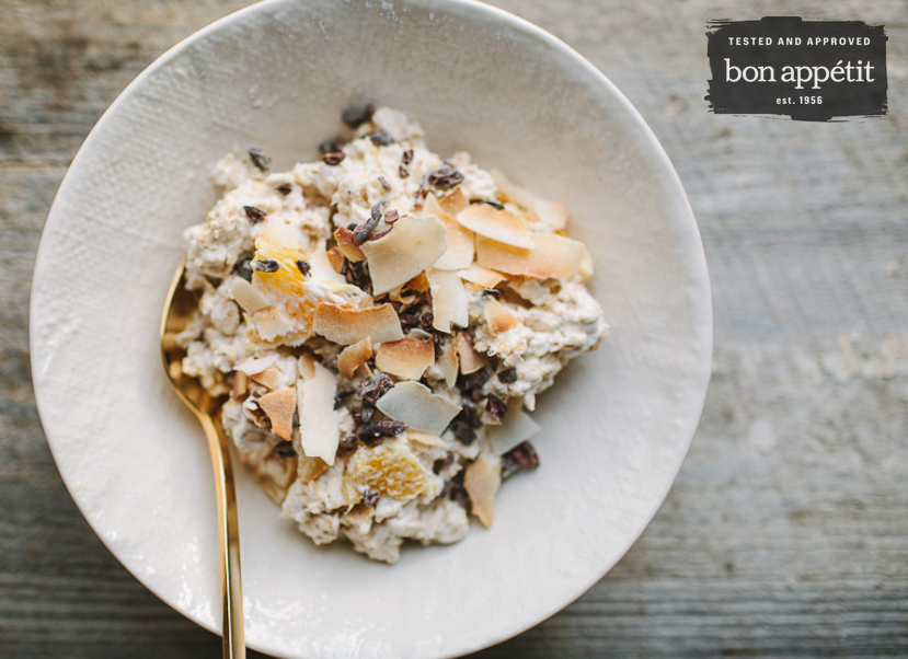 picture of orange date muesli with coconut and cacao nibs
